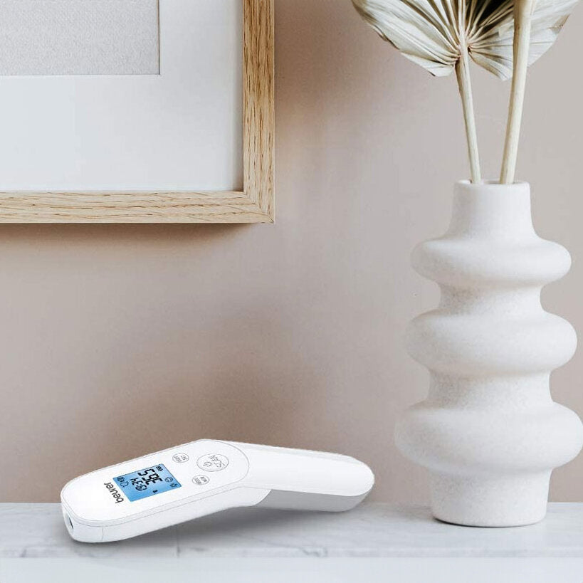 Fieberthermometer, Vase mit getrockneten Blättern, Bilderrahmen an Wand.