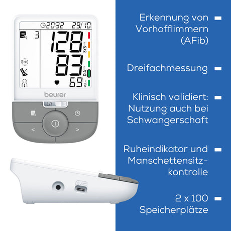Blutzuckermessgerät mit digitalem Display, Blutdruckmessgerät, Produktinformationen in Deutsch.