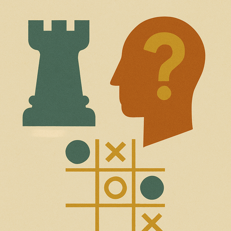 Kopf mit Fragezeichen und Schachfigur Turm, zeigt die Verbindung zwischen Strategie und Denkspielen wie Tic-Tac-Toe.