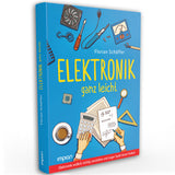 Buchcover mit elektronischen Bauteilen, Taschenrechner, Papier, Kaffee, Geodreieck, Lupe, Schrauben und Werkzeug.
