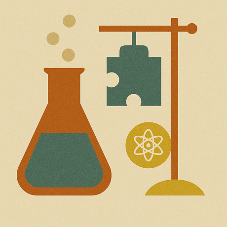 Illustration eines Reagenzglases, umgeben von Atomzeichen und Puzzlestücken in einem wissenschaftlichen Kontext.