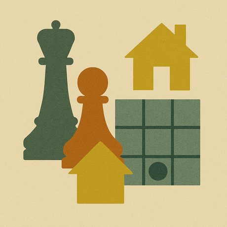 Illustration mit zwei Schachfiguren, einem kleinen und einem größeren gelben Haus sowie einem Tic Tac Toe Gitter in der Ecke.