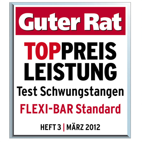 Schwarzer, roter und weißer Text auf weißem Hintergrund, mit einem silbernen Rahmen, beworbener Ratgeber zu Top-Preisen und Tests.