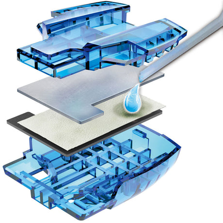Schematische Darstellung eines Wasserfilters mit mehreren Schichten, Wasser tropft durch eine Düse.