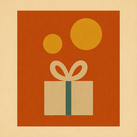 Bunte Illustration: Ein grünes und gelbes Geschenk auf einem braun-orangefarbenen Hintergrund.