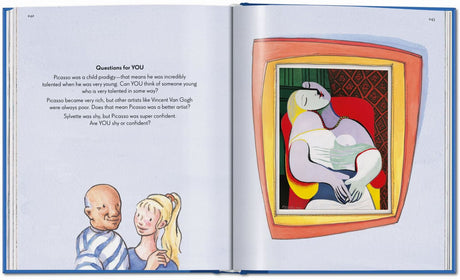 Linke Seite: Text mit Fragen zu Picasso, Vincent Van Gogh und Sylvette, darunter eine Zeichnung eines Mannes und einer Frau.