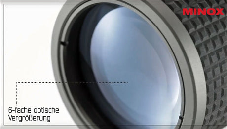 Nahaufnahme eines Objektivs mit 6-facher optischer Vergrößerung, Teil eines Minox-Geräts.