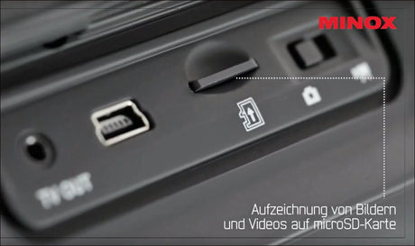 MikroSD-Kartenleser, USB-Anschluss, Kamera- und Lock-Symbole, Minox-Logo, Text: "Aufzeichnung von Bildern und Videos auf microSD