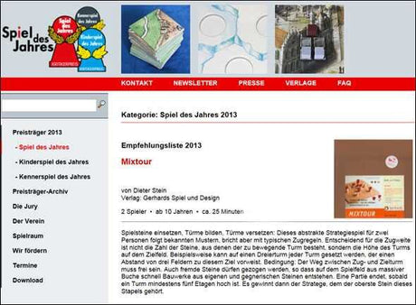 Screenshot einer Webseite mit Kategorie "Spiel des Jahres 2013", Empfehlungsliste "Mixtour", Beschreibung eines Spiels