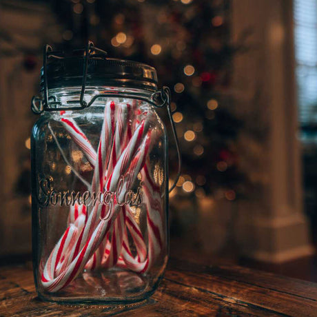 Glas mit roten und weißen Zuckerstangen vor einem Weihnachtsbaum im Hintergrund.