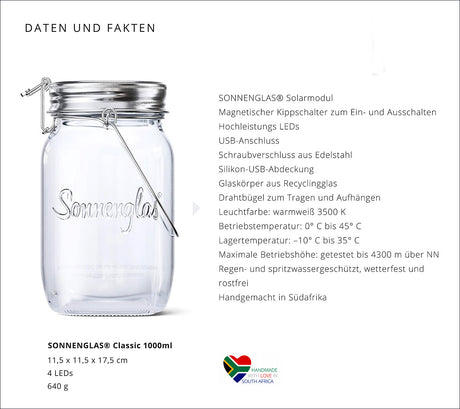 Glas mit "Sonnenglas" Aufschrift, Beschreibung der technischen Daten und Herstellerinformationen.