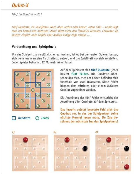 Anleitung und Beispiel für das Spiel Quint-X mit einem Spielbrett, fünf Quadraten und Feldern, sowie drei Spielzüge.