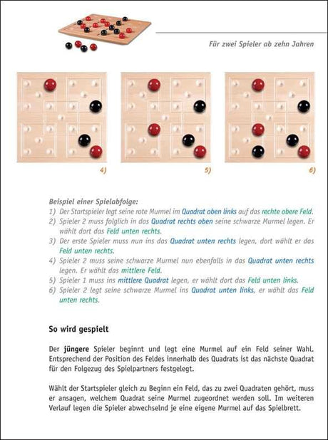 Schachbrett mit roten und schwarzen Murmeln, Anleitung für Spielzüge und Spielregeln für zwei Spieler ab zehn Jahren.