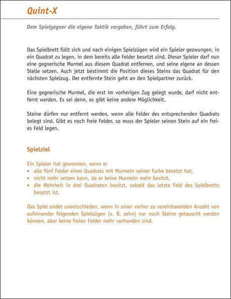 Schwarzes Spielbrett mit weißen und orangefarbenen Texten, erklärt Spielregeln und Ziel des Spiels Quint-X.