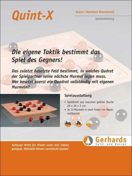 Spielanleitung für das Quint-X-Brettspiel mit schwarzen und roten Murmeln, Spielmaterial und Herstellerlogo.