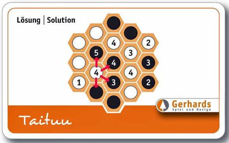 Hexagonale Spielsteine in Schwarz, Weiß und Orange, mit Zahlen und Pfeilen, auf einem Spielbrett mit Lösungsschritten.