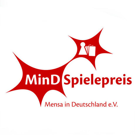 Rotes Logo mit Text "MinD Spielpreis" und "Mensa in Deutschland e.V." sowie Symbol eines Buches und einer Person.