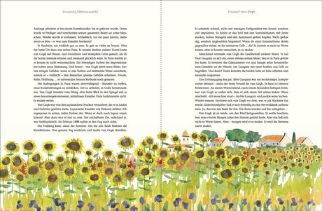 Illustration eines Sonnenblumenfelds mit kleinen Häusern und Bäumen im Hintergrund.