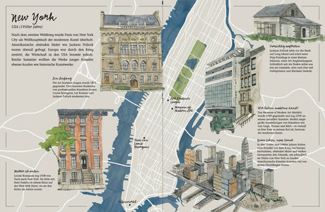 Skizze und Text über New York in den 1950er Jahren, mit Gebäuden, Straßen, Flüssen und historischen Hinweisen.