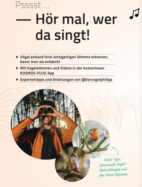 Ein Mann mit Fernglas, zwei kleine Vögel auf Zweigen, Text mit Tipps zum Vogelbeobachten.