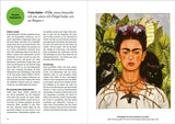 Porträt von Frida Kahlo mit Dornenkette, schwarzen Affen und Katzen vor grünem Blätterhintergrund.