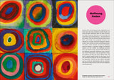 Neun bunte, abstrakte Quadrate mit konzentrischen Kreisen in verschiedenen Farben.