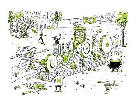 Zeichnung mit Tieren, Menschen, Gears, Baum, Flagge, Pilzen, Werkzeug und Natur im Comic-Stil, hauptsächlich in Grün, Schwarz