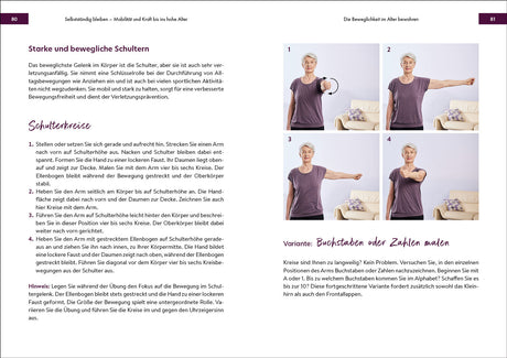 Vier Fotos einer älteren Frau, die Schulterkreise in verschiedenen Positionen ausführt.