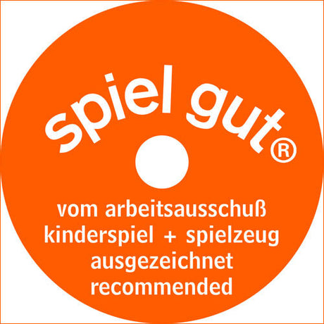 Orangener Spiel-Logo mit weißem Text, der vom Arbeitsausschuss empfohlenes Kinderspiel und Spielzeug bezeichnet.