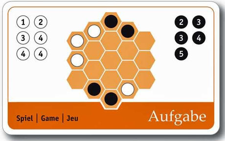 Hexagonale Spielplatte mit schwarzen und weißen Steinen, daneben nummerierte Kreise und die Bezeichnung "Aufgabe".