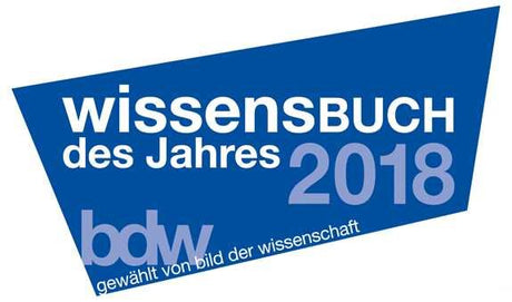 Blauer, dreieckiger Titel mit weißen und lila Text: "Wissensbuch des Jahres 2018" und "gewählt von bild der wissenschaft".