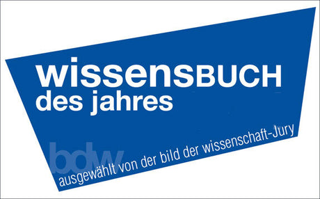 Blaue, dreieckige Grafik mit weißen und hellblauen Texten, Titel: "Wissensbuch des Jahres"
